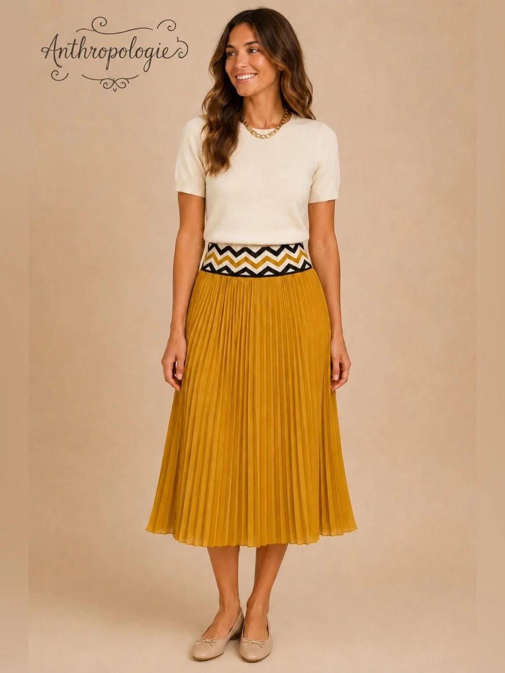 Anthropologie Dear Creatures Pleated Midi Skirt Chevron Waistband